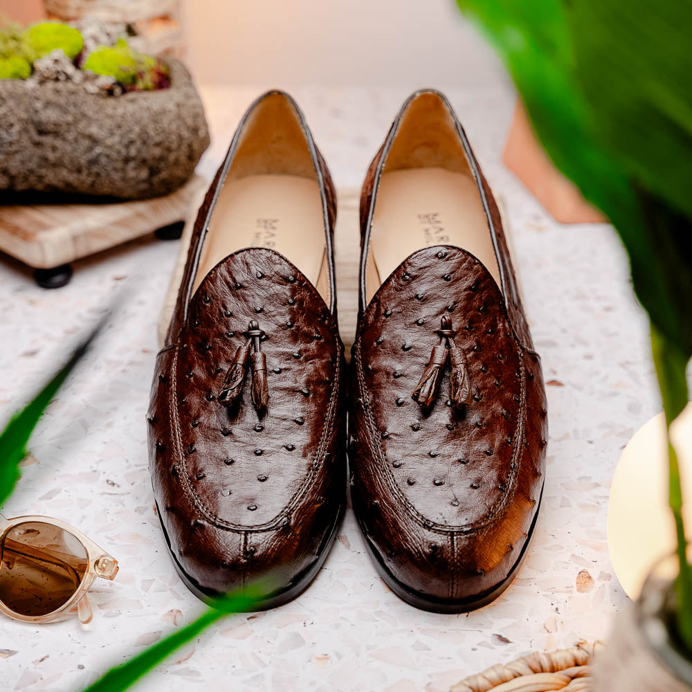Aubiere Brown tassel loafers men's dress shoes Ostrich quill Milano