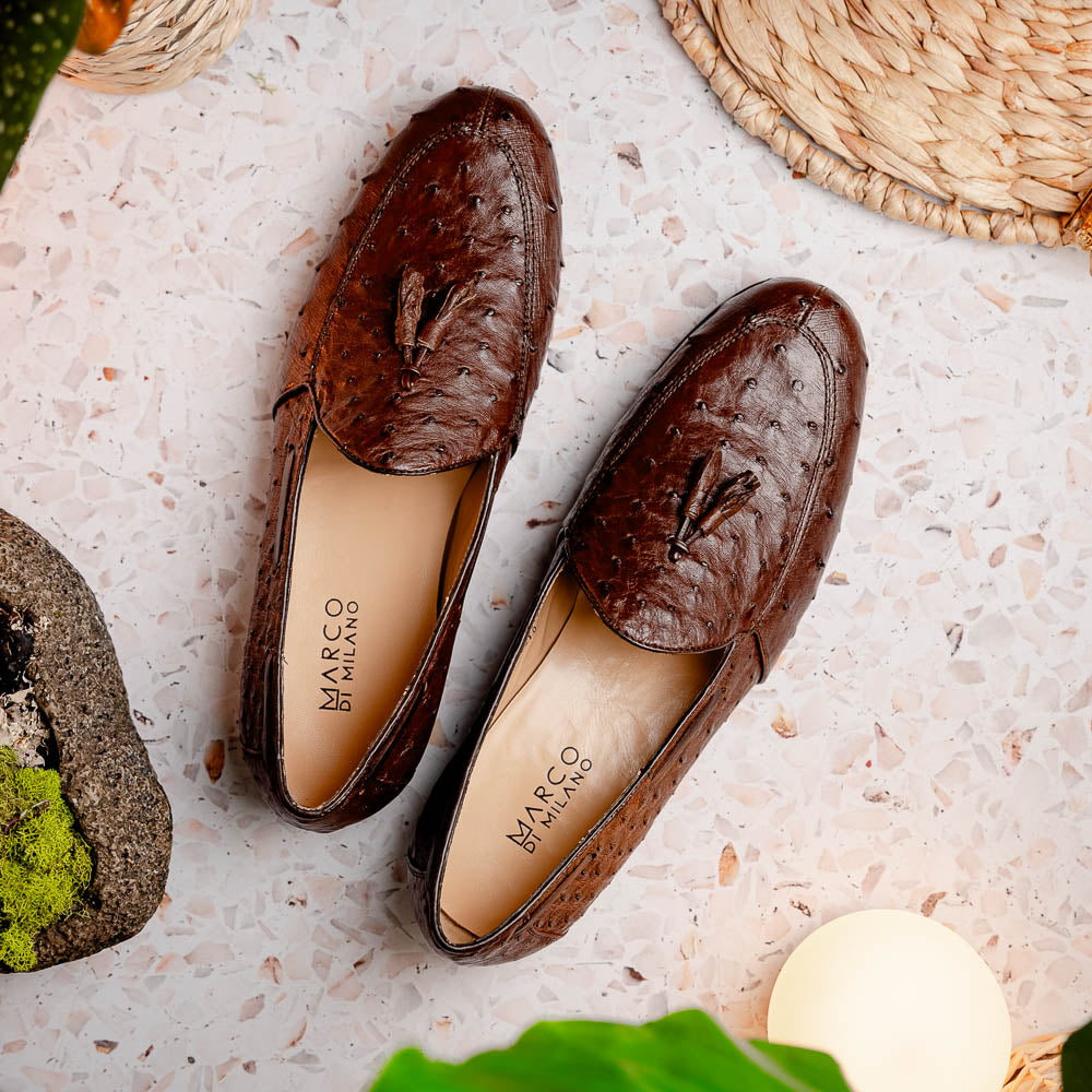 Aubiere Brown tassel loafers men's dress shoes Ostrich quill Milano