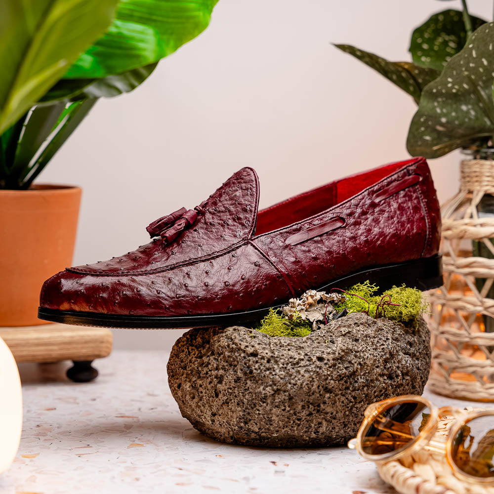 Aubiere Wine men's loafers genuine Ostrich quill shoes tassels
