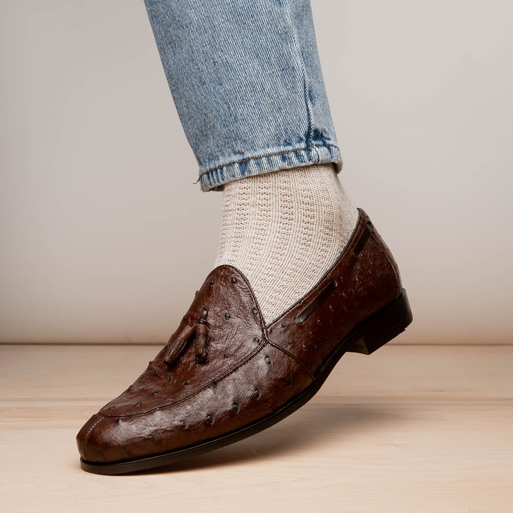 Aubiere Brown tassel loafers men's dress shoes Ostrich quill Milano
