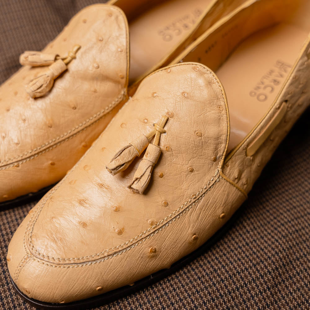 Aubiere Orix beige men's genuine Ostrich quill tassel loafers bone Milano