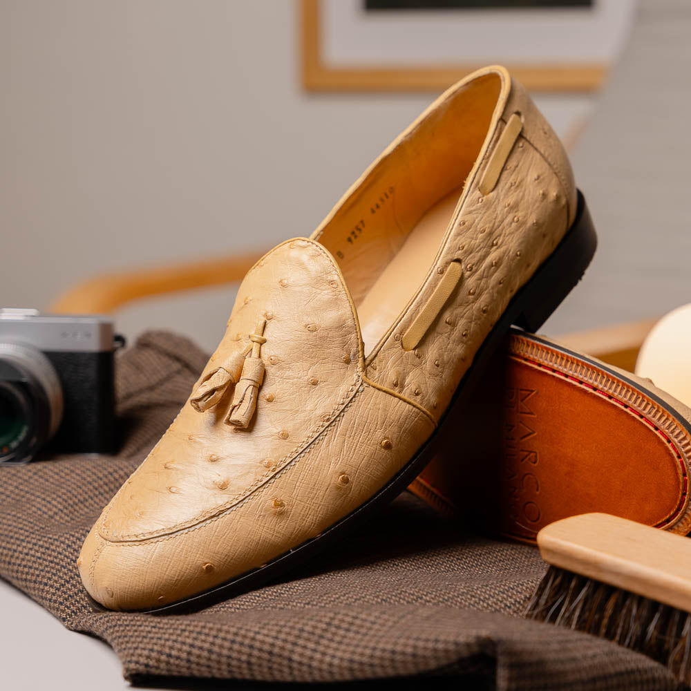 Aubiere Orix beige men's genuine Ostrich quill tassel loafers bone Milano