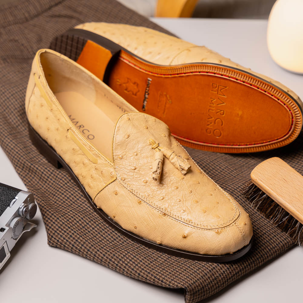 Aubiere Orix beige men's genuine Ostrich quill tassel loafers bone Milano
