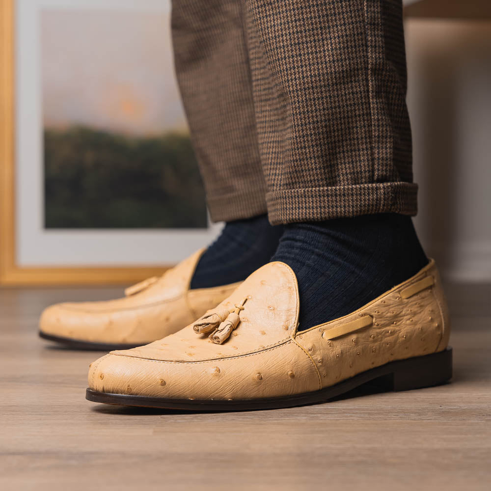 Aubiere Orix beige men's genuine Ostrich quill tassel loafers bone Milano