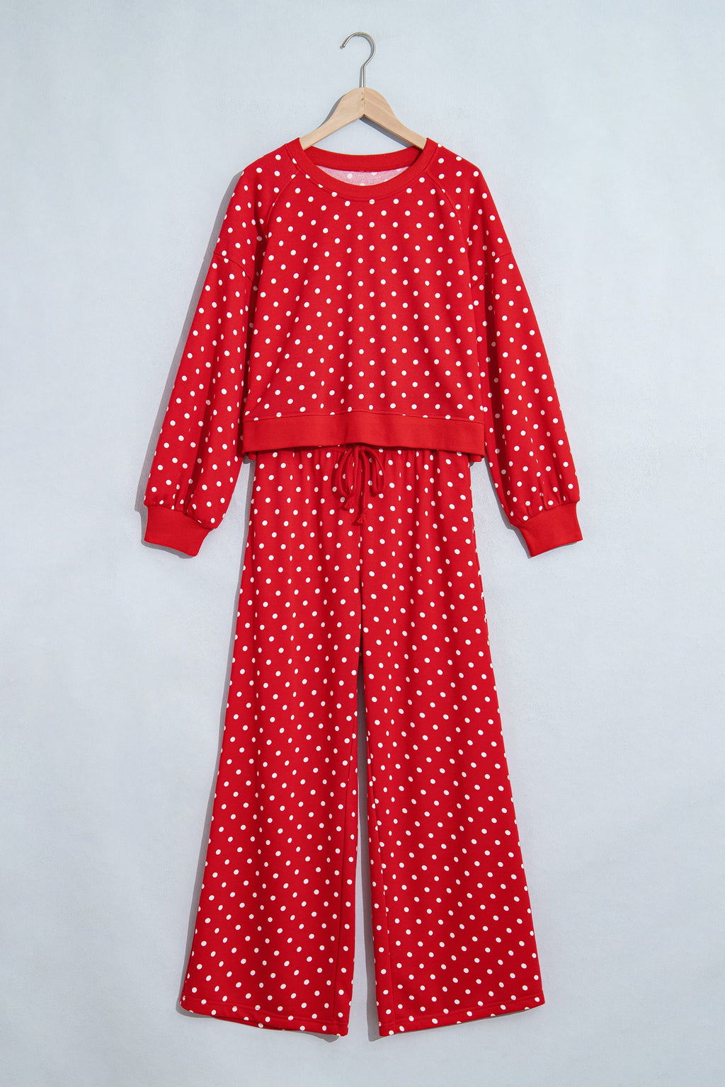 Jane Polka Dot Drawstring Wide Leg Long Sleeve Top Pant Set Outfit