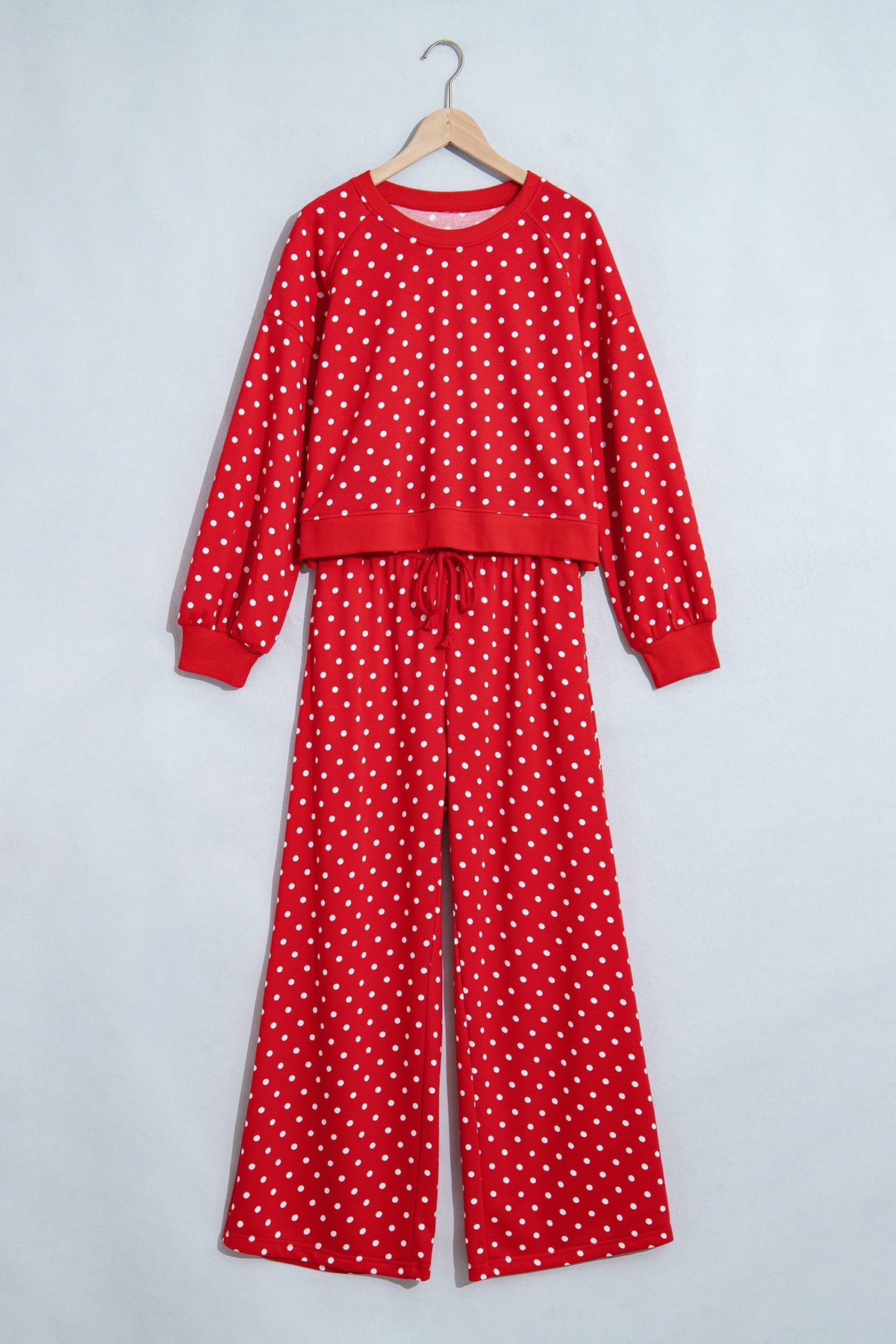 Jane Polka Dot Drawstring Wide Leg Long Sleeve Top Pant Set Outfit