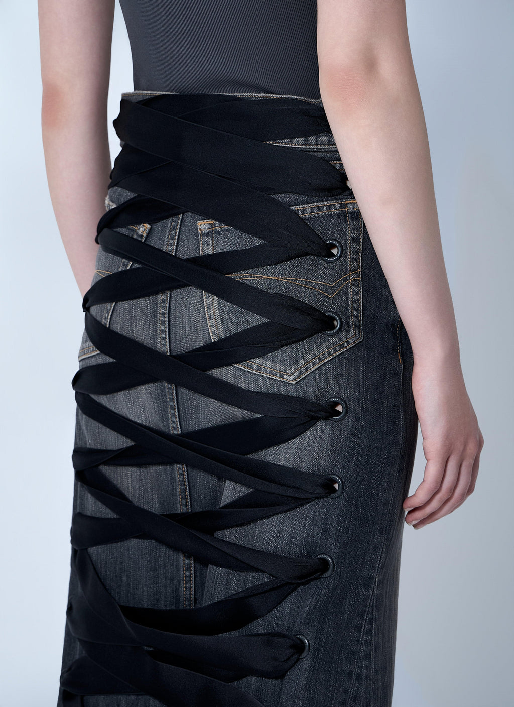 Balenciaga Ladies rear Lace-Up denim jean Skirt