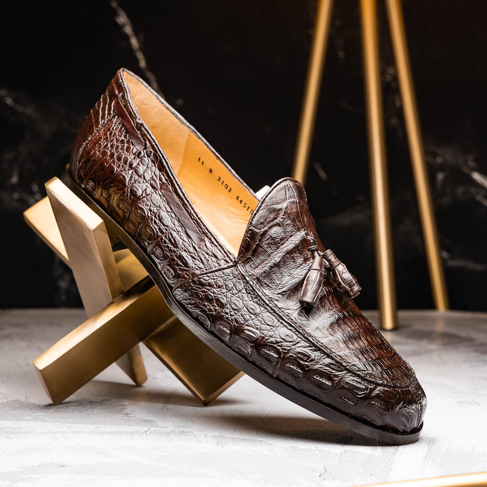 Bianchi Brown genuine Caiman crocodile loafers dress shoes men's