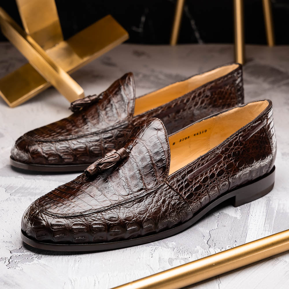 Bianchi Brown genuine Caiman crocodile loafers dress shoes men's