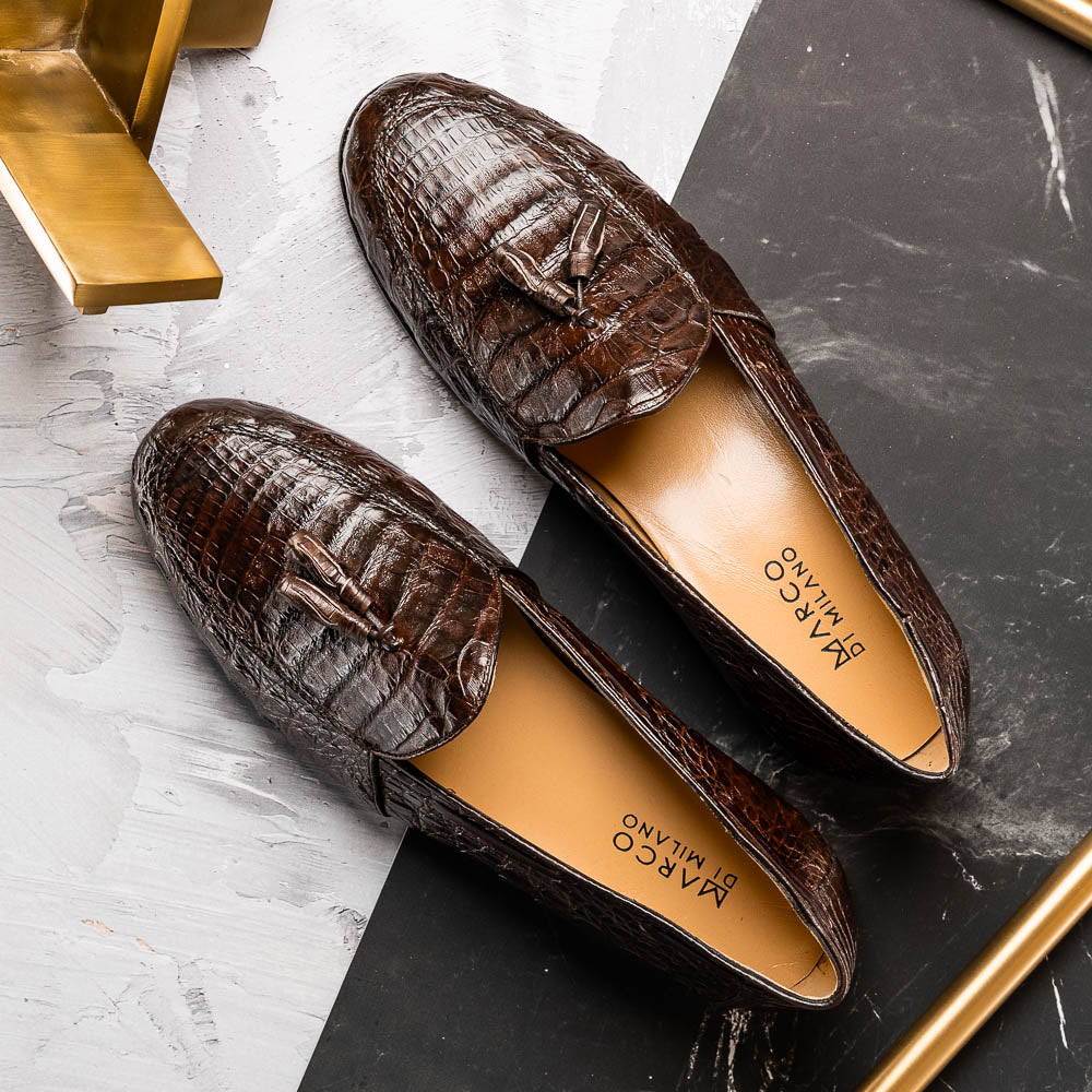 Bianchi Brown genuine Caiman crocodile loafers dress shoes men's