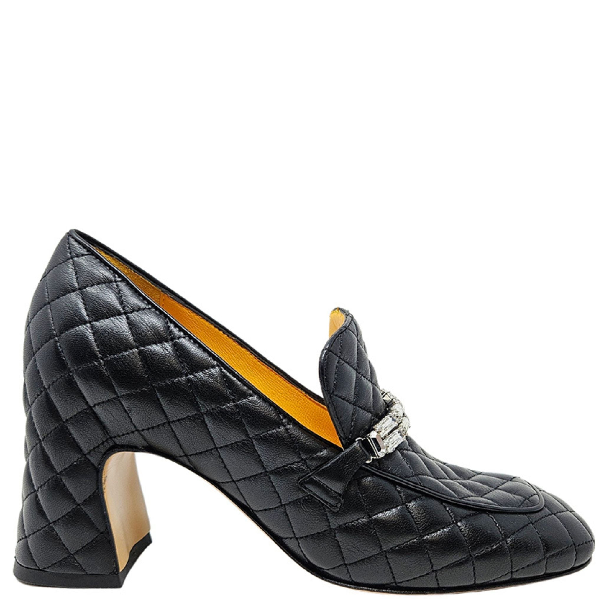 Black Leather Quilted Loafer Madison Maison Chunky Block Heels