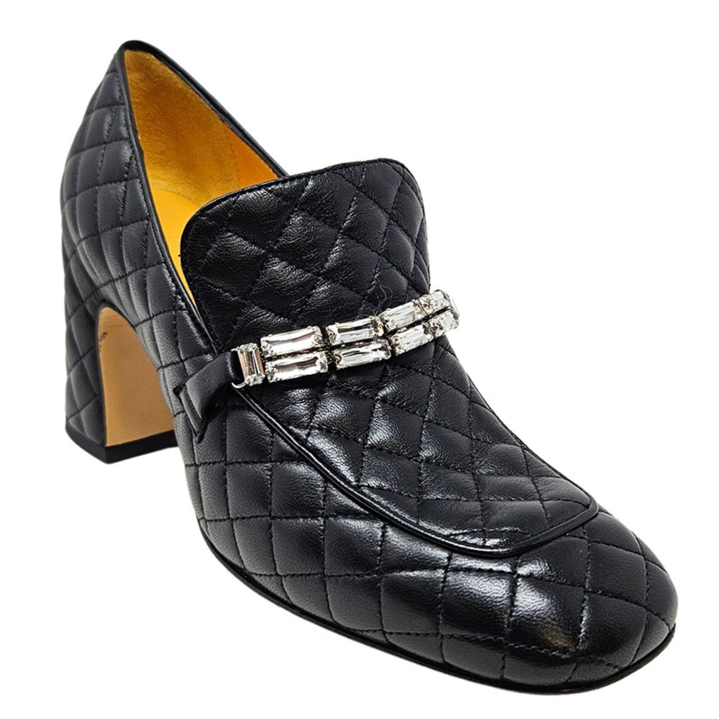 Black Leather Quilted Loafer Madison Maison Chunky Block Heels