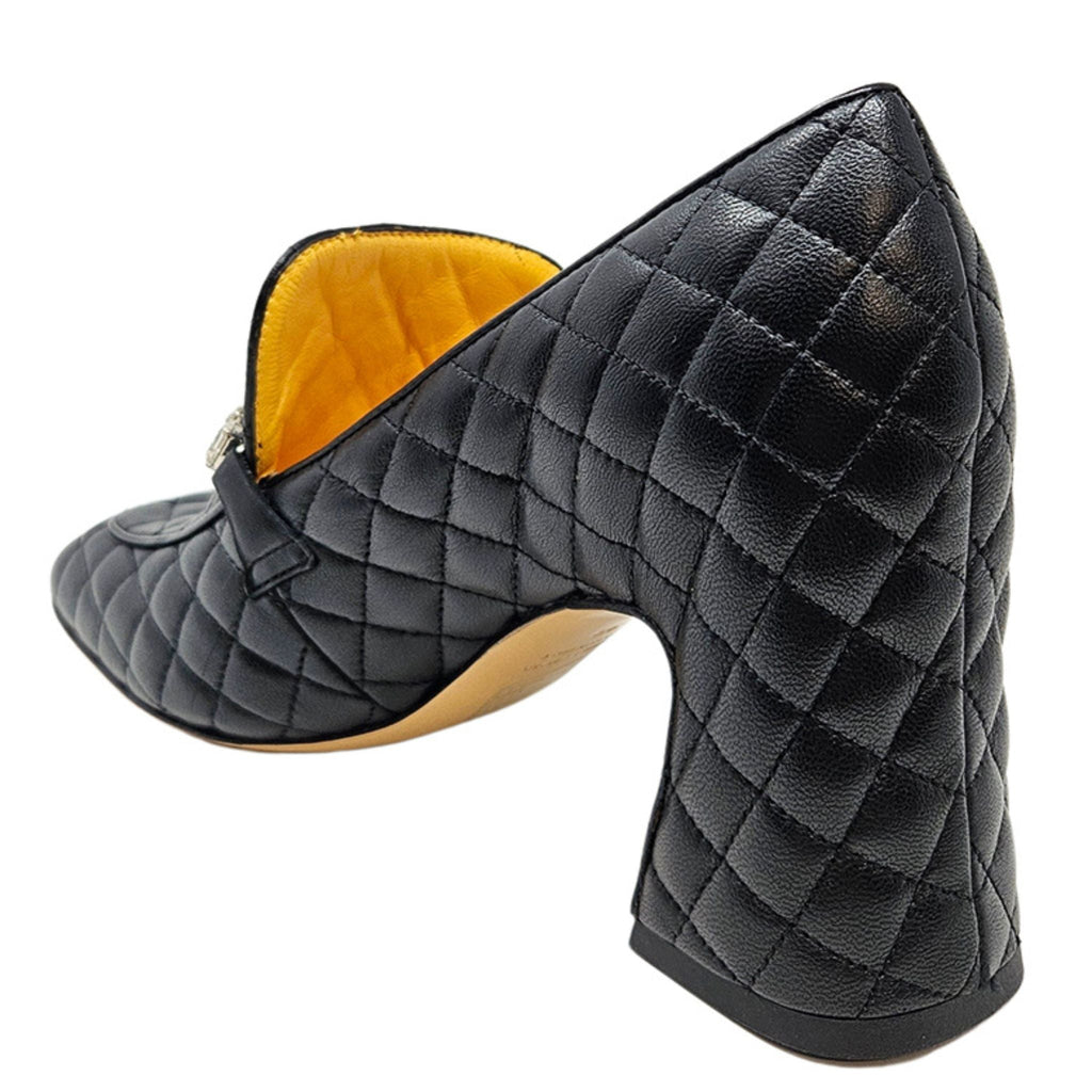 Black Leather Quilted Loafer Madison Maison Chunky Block Heels