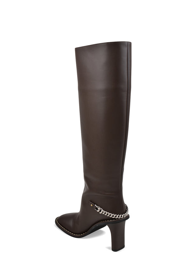 Stella Mccartney ladies Ryder Boots dark brown heels tall with silver chain