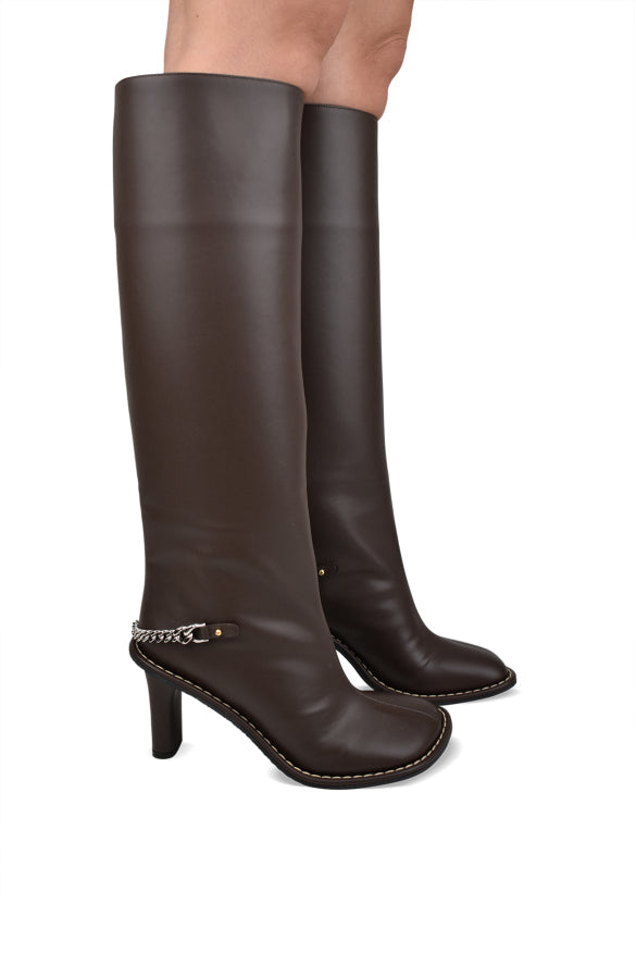 Stella Mccartney ladies Ryder Boots dark brown heels tall with silver chain
