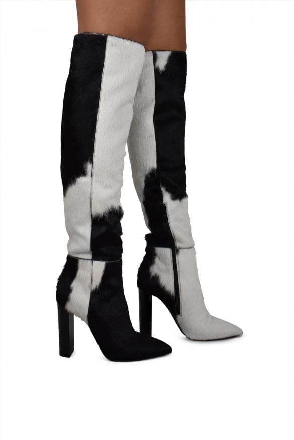 Yves Saint Laurent ladies 76 Boots black white foal leather YSL SZ 37