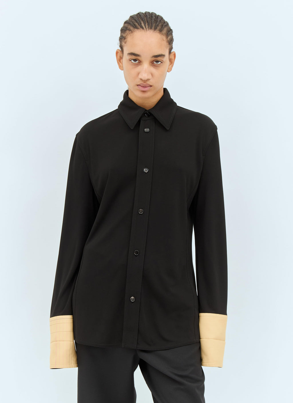 Bottega Veneta ladies Fluid Long-Sleeve Shirt blouse black w/ contrast tan cuffs