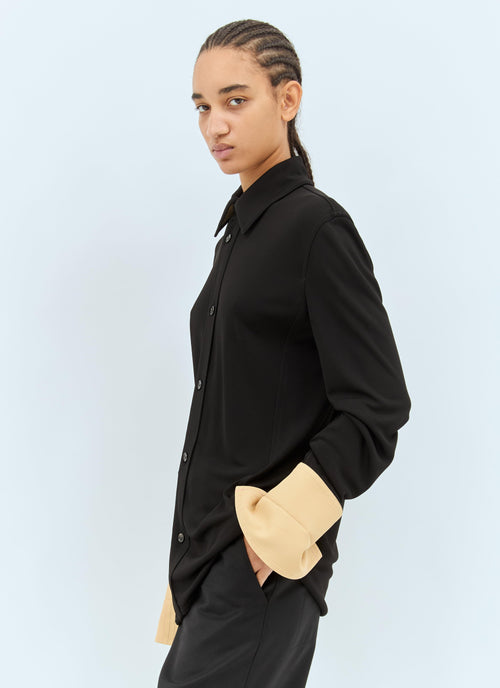 Bottega Veneta ladies Fluid Long-Sleeve Shirt blouse black w/ contrast tan cuffs