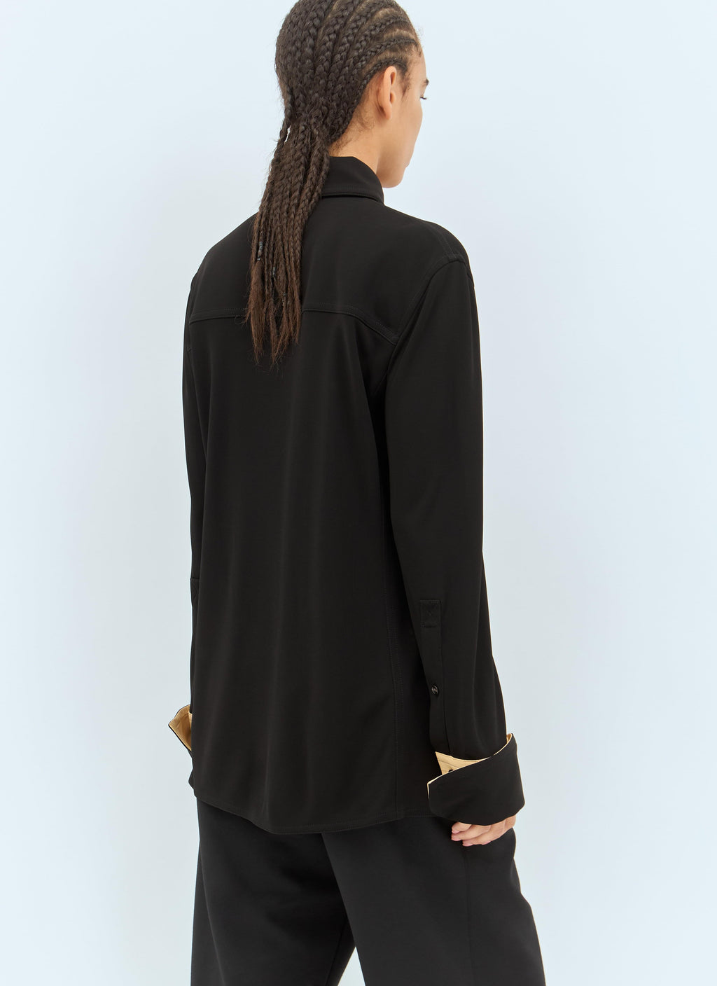 Bottega Veneta ladies Fluid Long-Sleeve Shirt blouse black w/ contrast tan cuffs