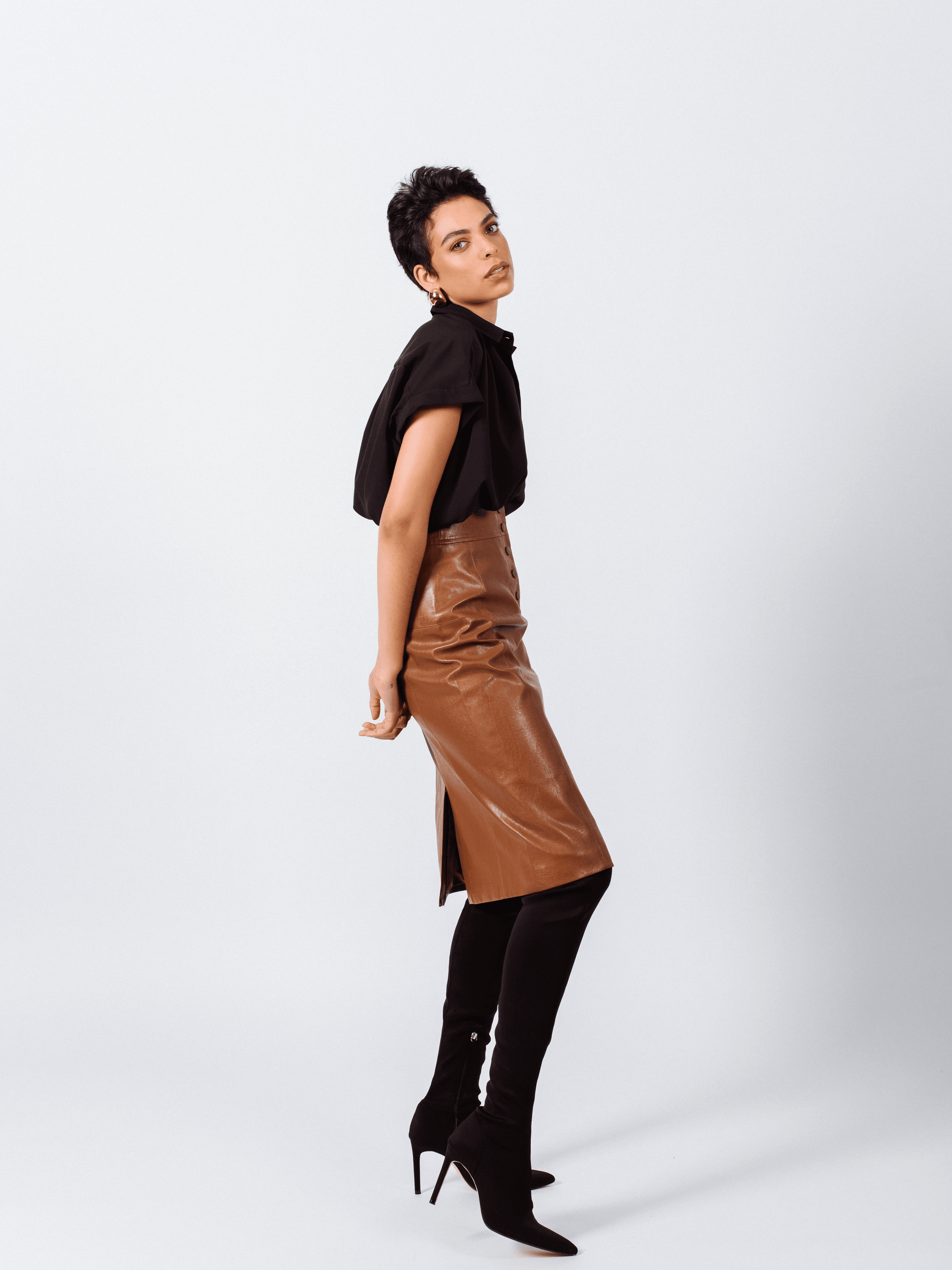 Glossy Brown Vegan Leather Pencil Skirt Ladies Knee