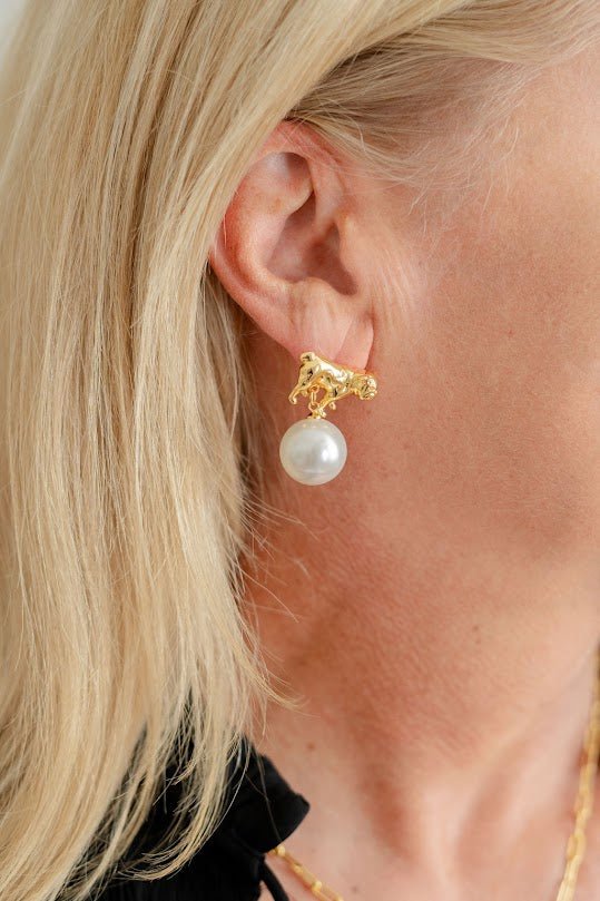English Bulldog Drop Stud Earring - 18k Gold Plated pearl UGA Georgia