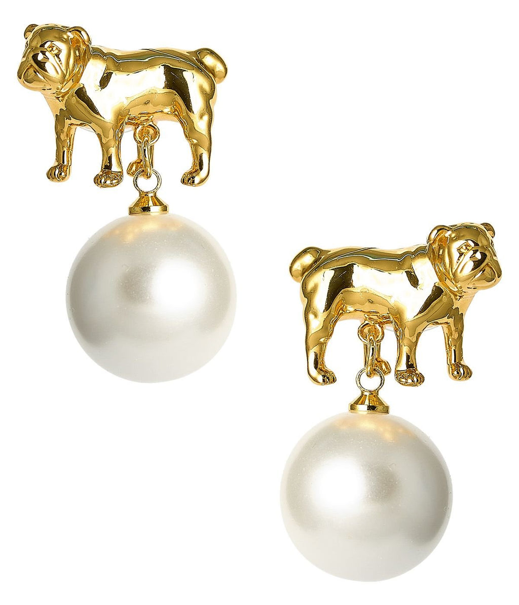 English Bulldog Drop Stud Earring - 18k Gold Plated pearl UGA Georgia