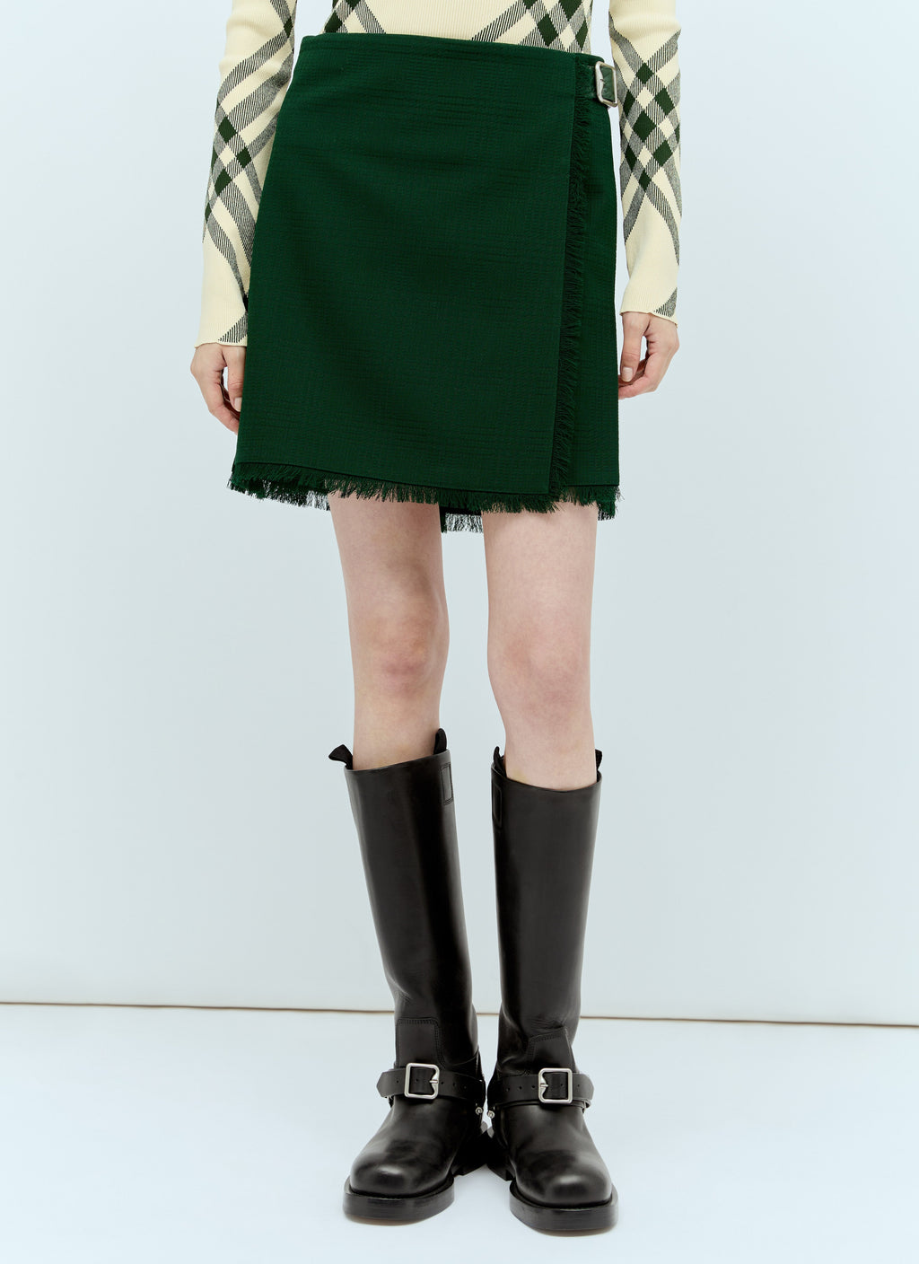 Burberry ladies Wool Kilt skirt buckle dark green fringe hem