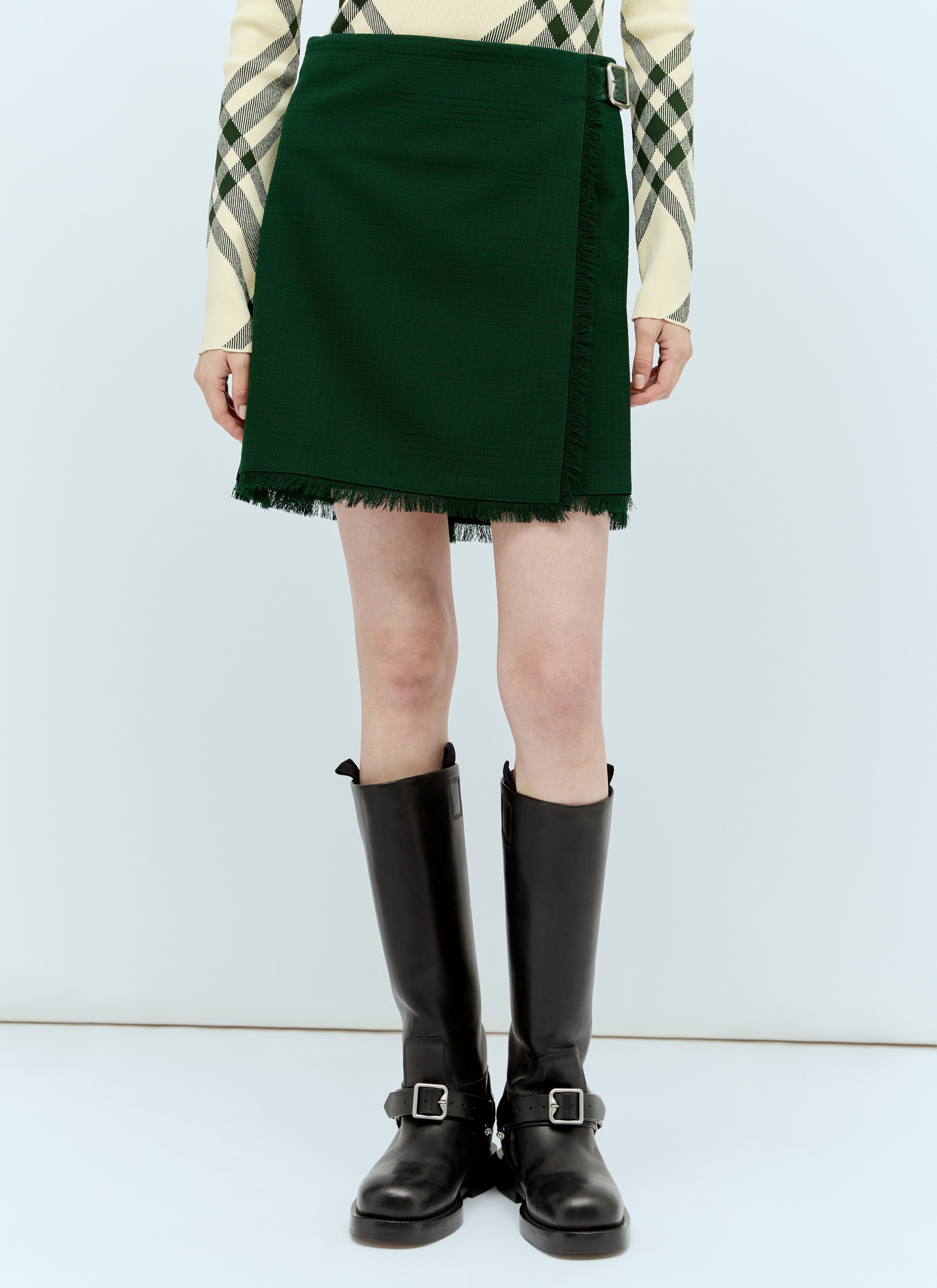 Burberry ladies Wool Kilt skirt buckle dark green fringe hem