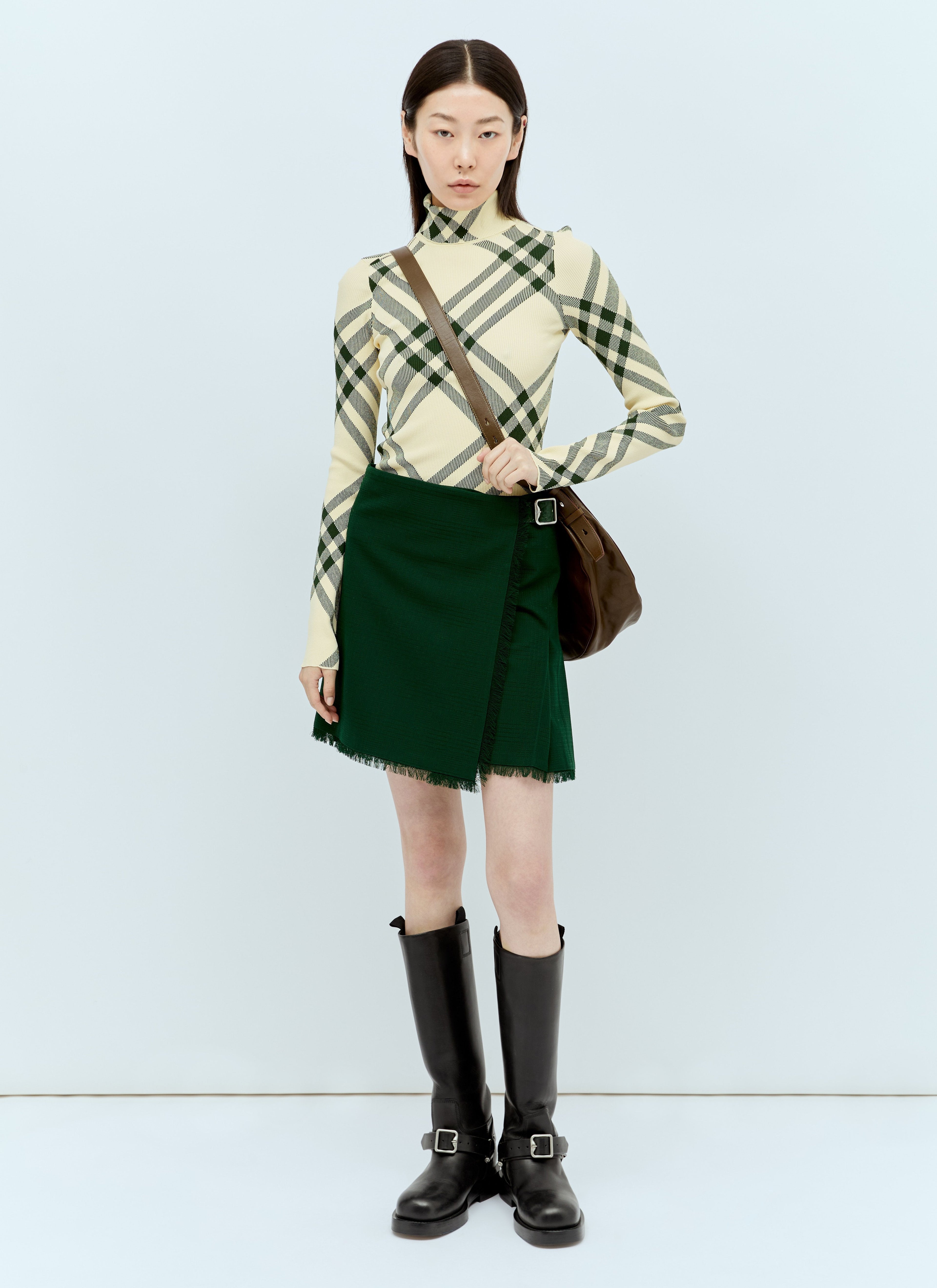 Burberry ladies Wool Kilt skirt buckle dark green fringe hem