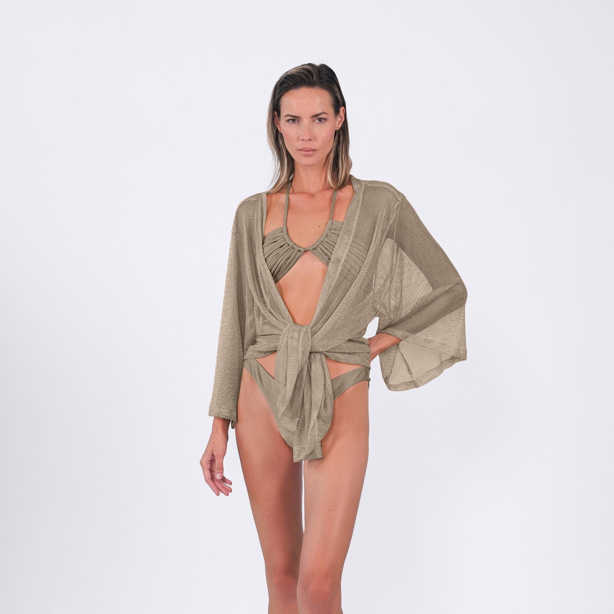 Buzios Belted Kimono Swimsuit coverup Flowy Sheer belted beaded