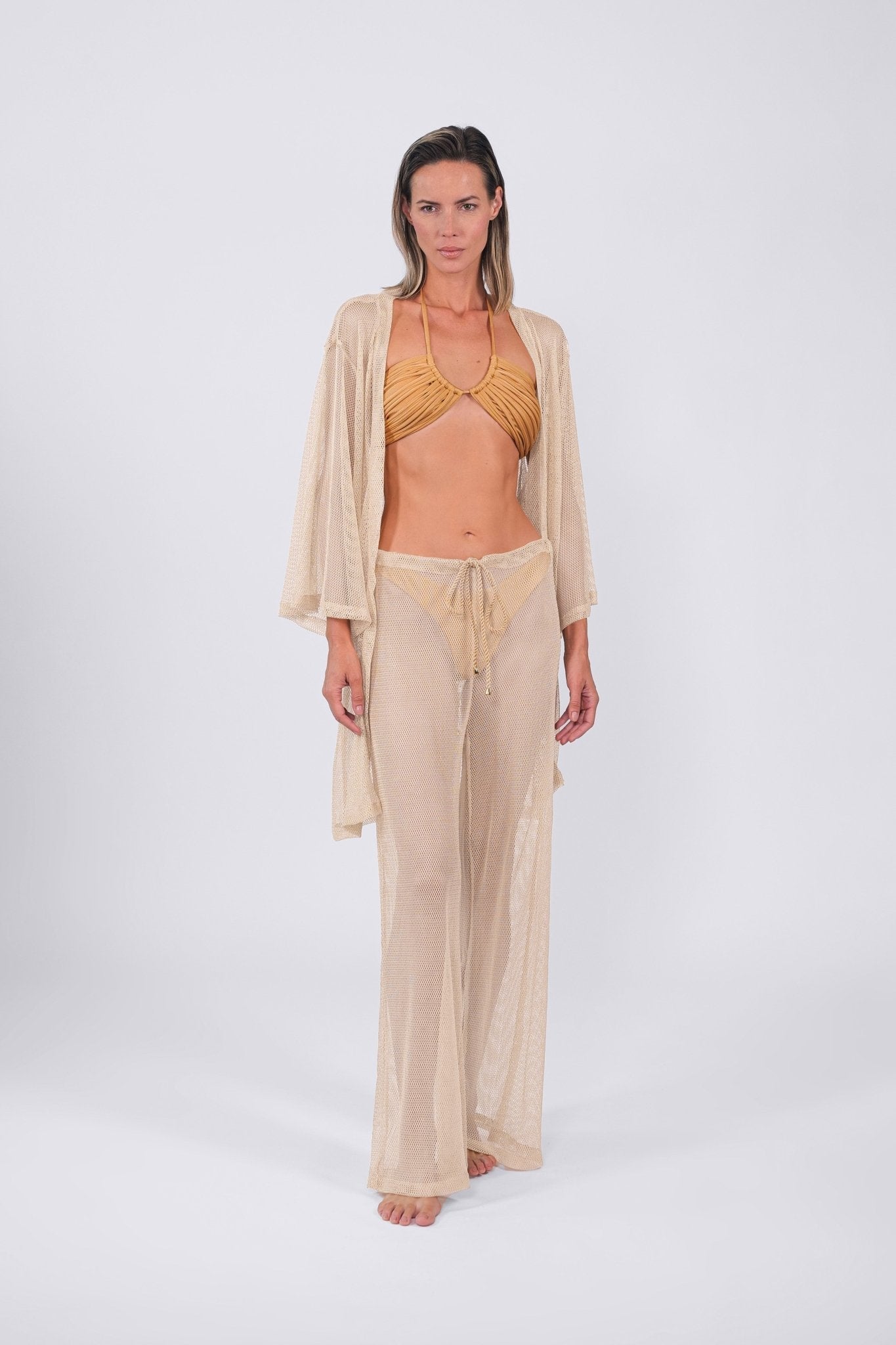 Buzios Belted Kimono Swimsuit coverup Flowy Sheer belted beaded