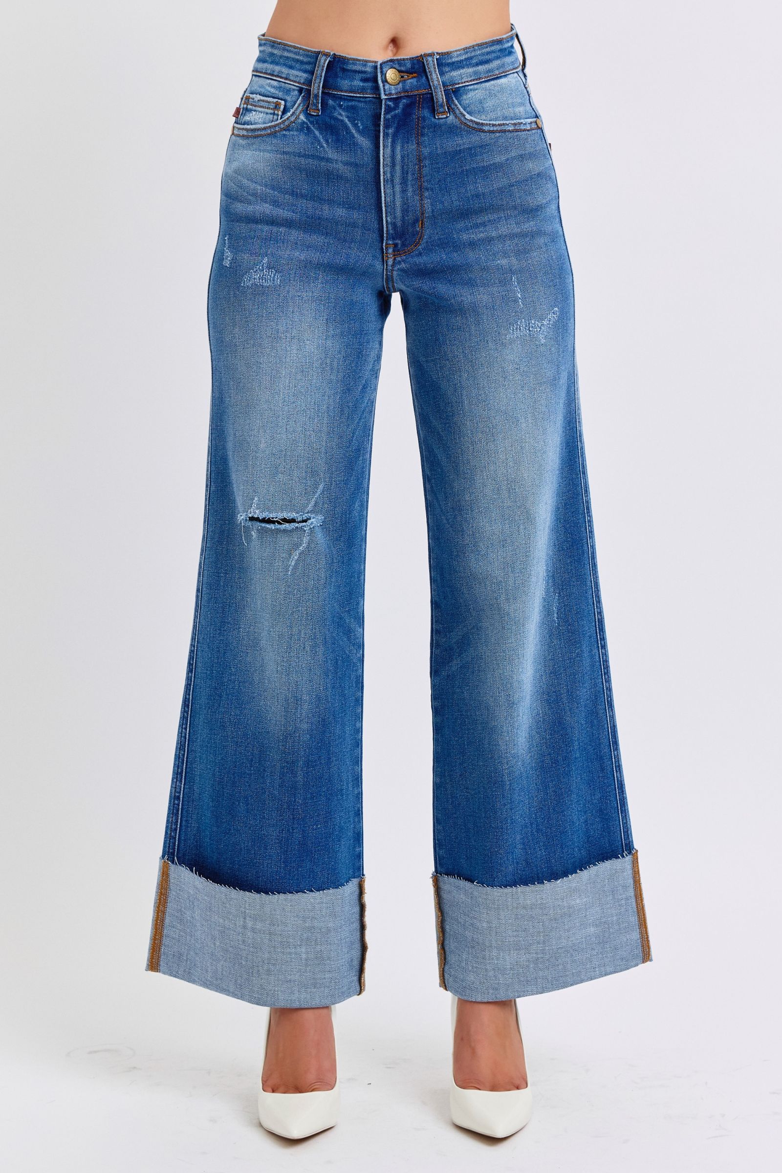Judy Blue Full Size Distressed High Waist Wide Leg Blue Jeans