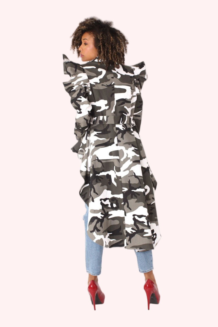 Camo Print Longline  trendy boutique Jacket -81896 Grey camouflage ladies