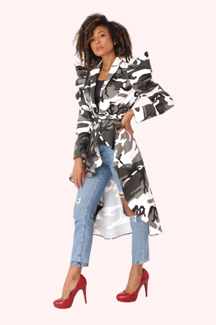 Camo Print Longline  trendy boutique Jacket -81896 Grey camouflage ladies