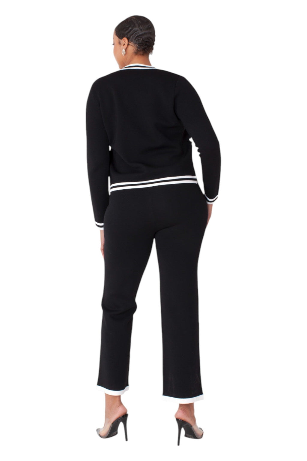 Contrast Trim Knit Three Piece Pant suit Set - 51008 black white