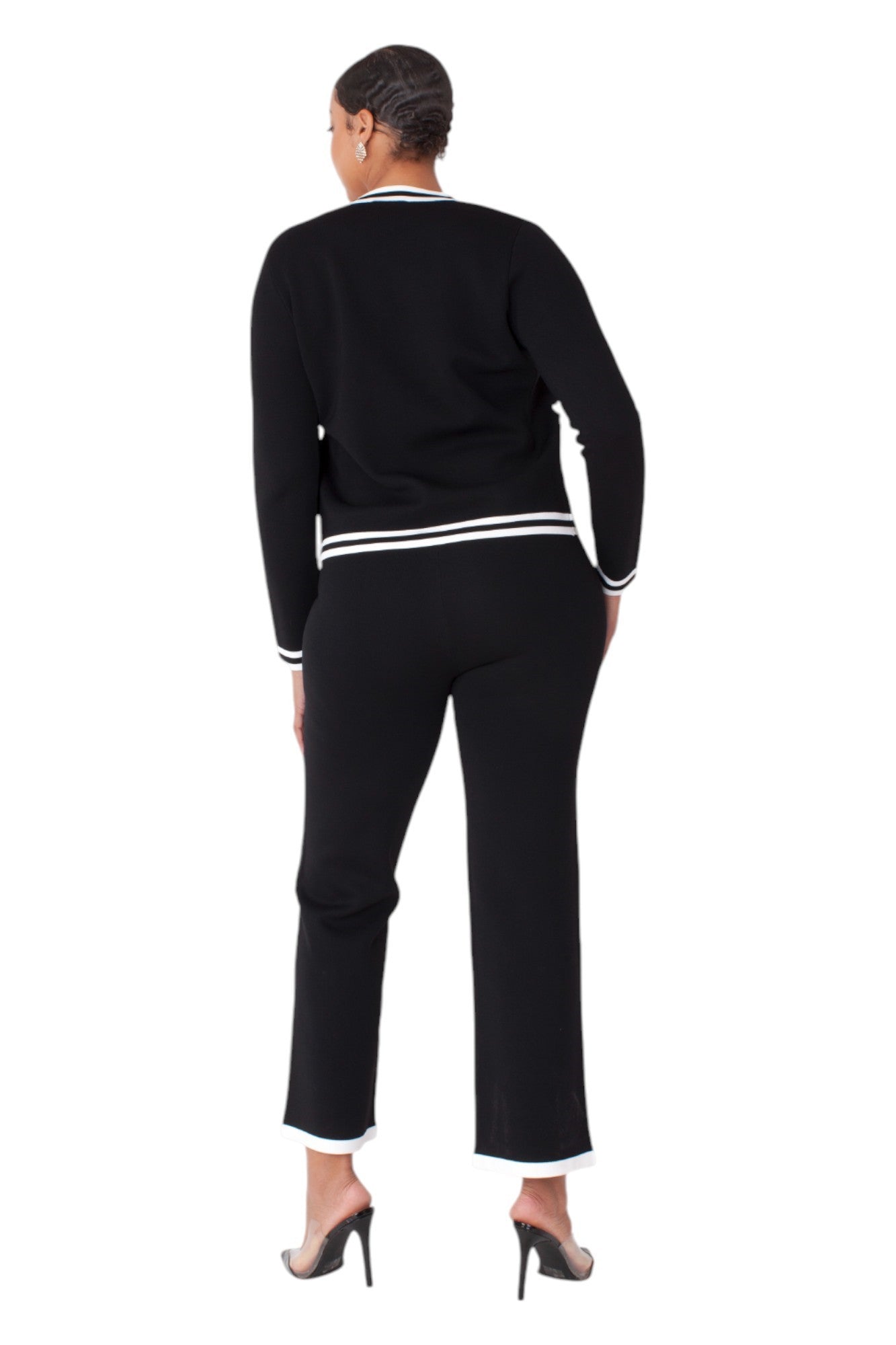 Contrast Trim Knit Three Piece Pant suit Set - 51008 black white