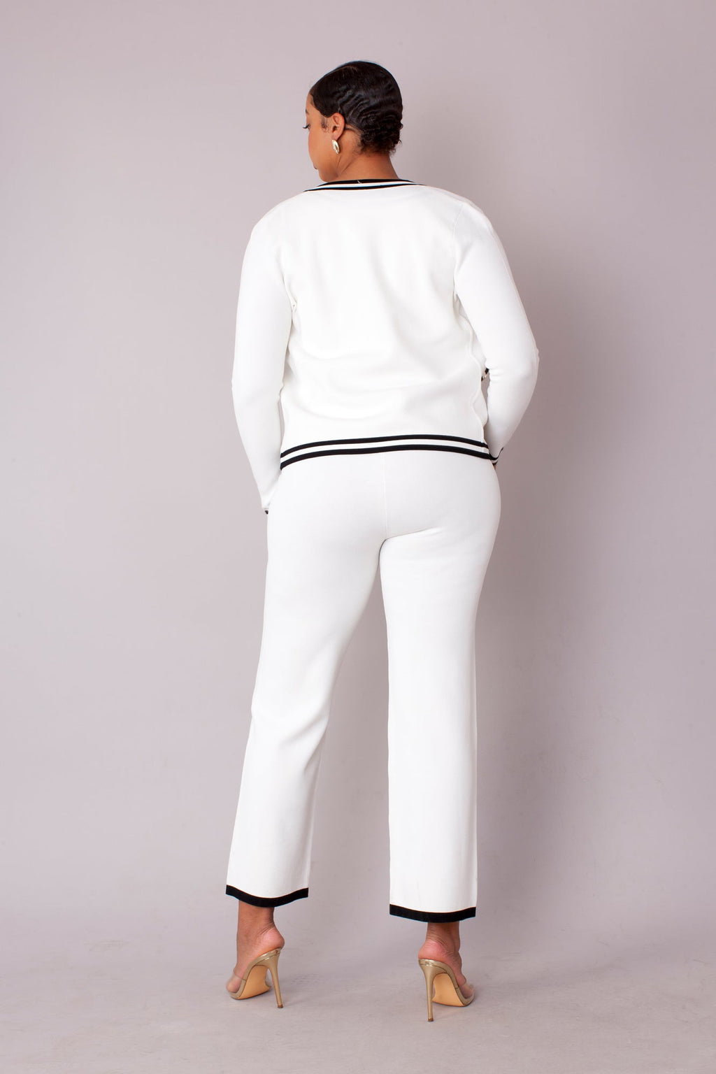 Contrast Trim Knit Three Piece Pant suit Set - 51008 black white