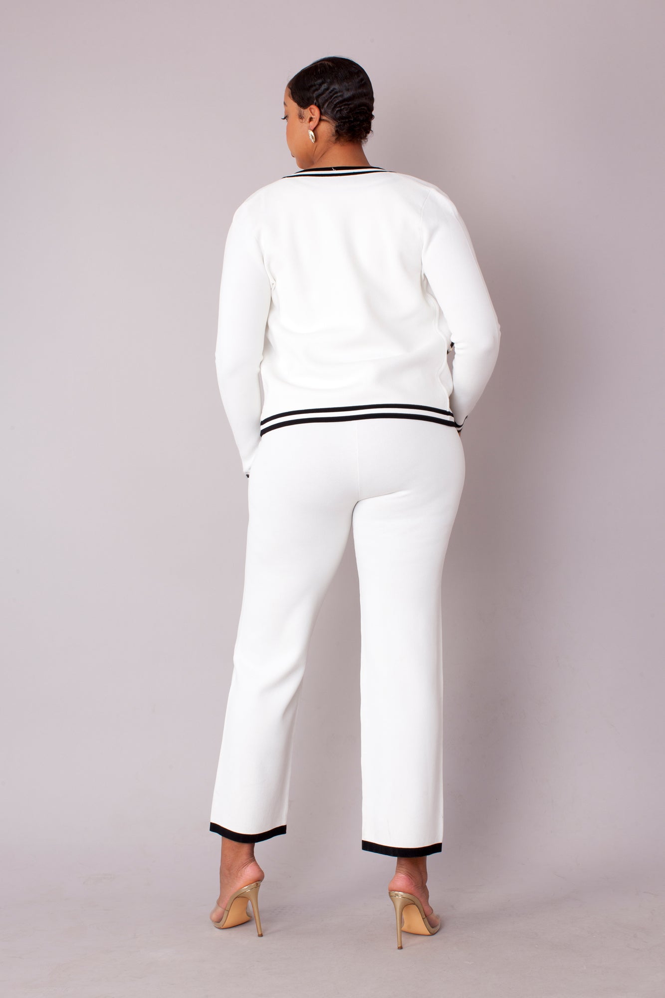 Contrast Trim Knit Three Piece Pant suit Set - 51008 black white
