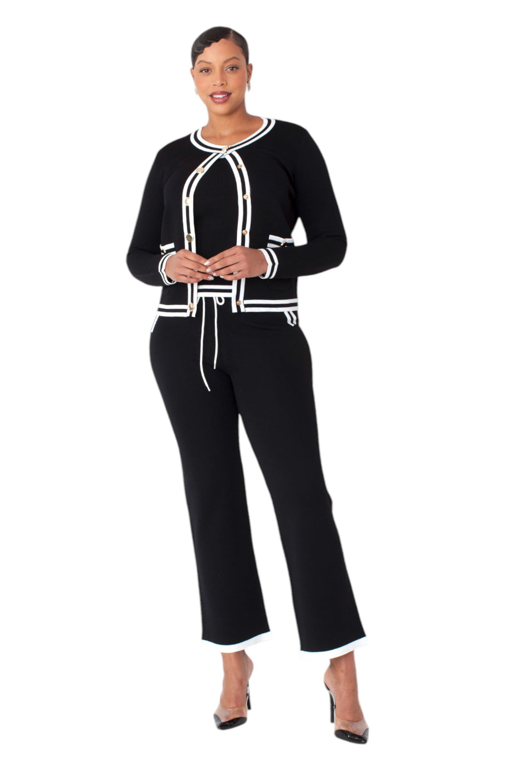 Contrast Trim Knit Three Piece Pant suit Set - 51008 black white