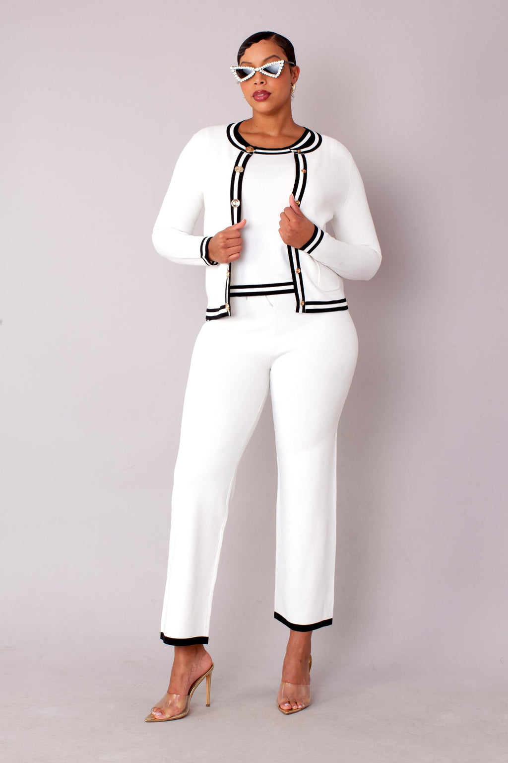 Contrast Trim Knit Three Piece Pant suit Set - 51008 black white