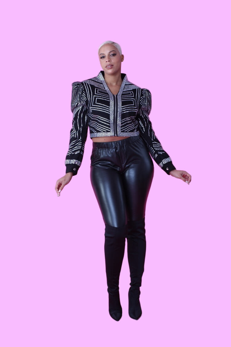 Cropped  Black Jacket with Rhinestone Detailing -82065