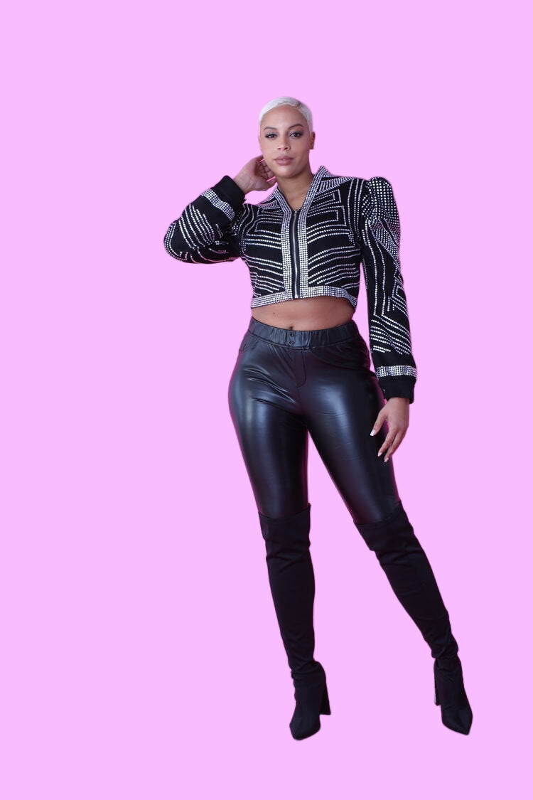Cropped  Black Jacket with Rhinestone Detailing -82065