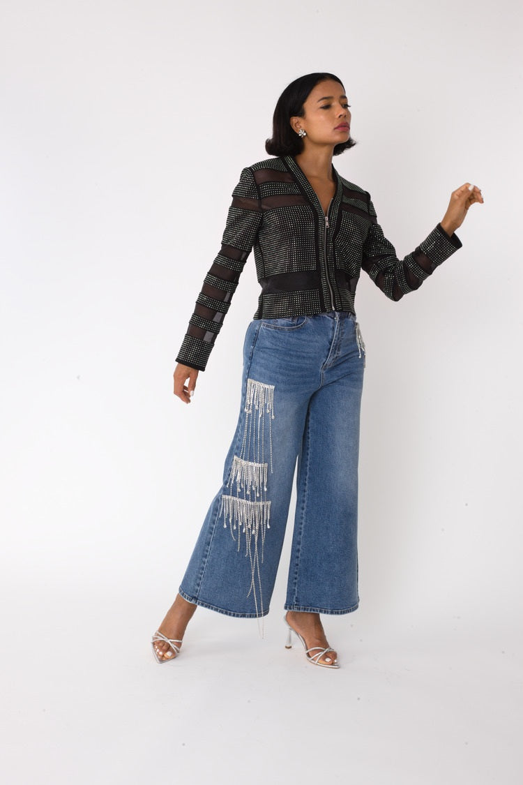 Crystal Cascade Wide-Leg Denim -82513 blue jeans flare rhinestone
