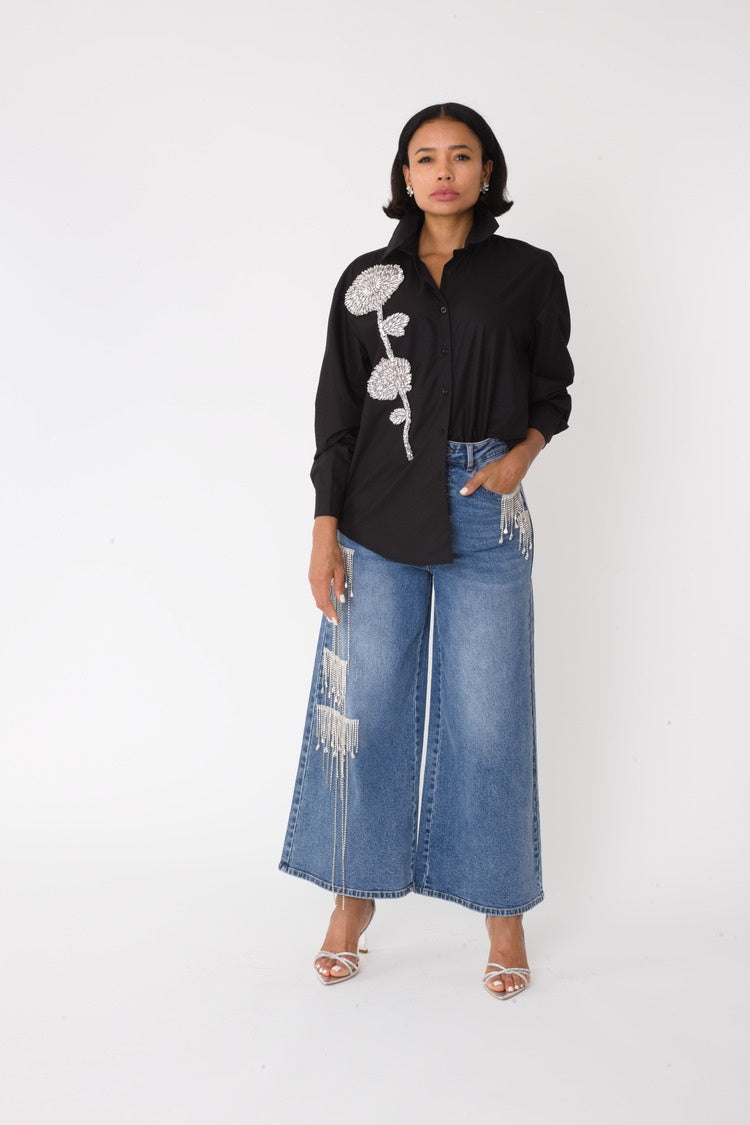 Crystal Cascade Wide-Leg Denim -82513 blue jeans flare rhinestone