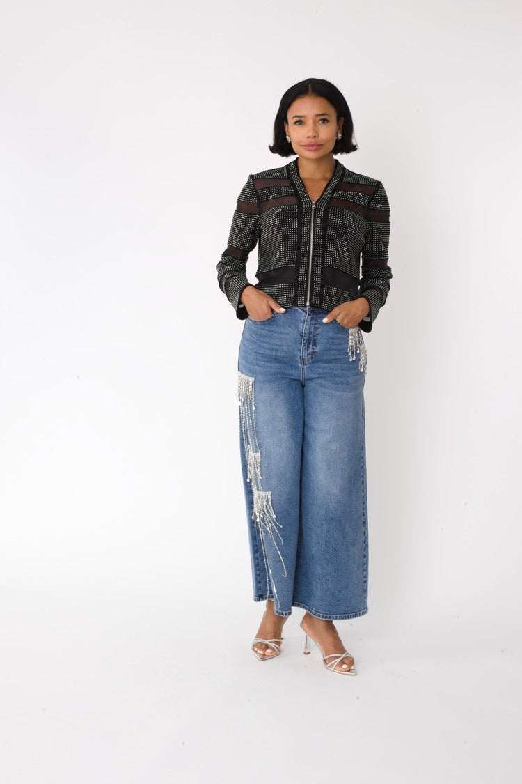 Crystal Cascade Wide-Leg Denim -82513 blue jeans flare rhinestone