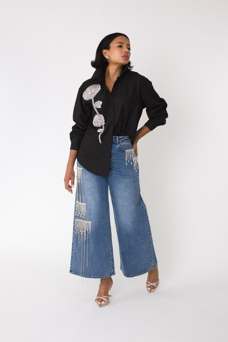 Crystal Cascade Wide-Leg Denim -82513 blue jeans flare rhinestone