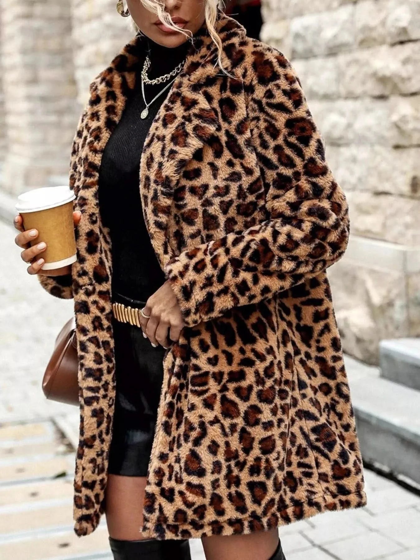 Leopard Print Faux Fur Longline Coat With Pockets Polyester Boutique