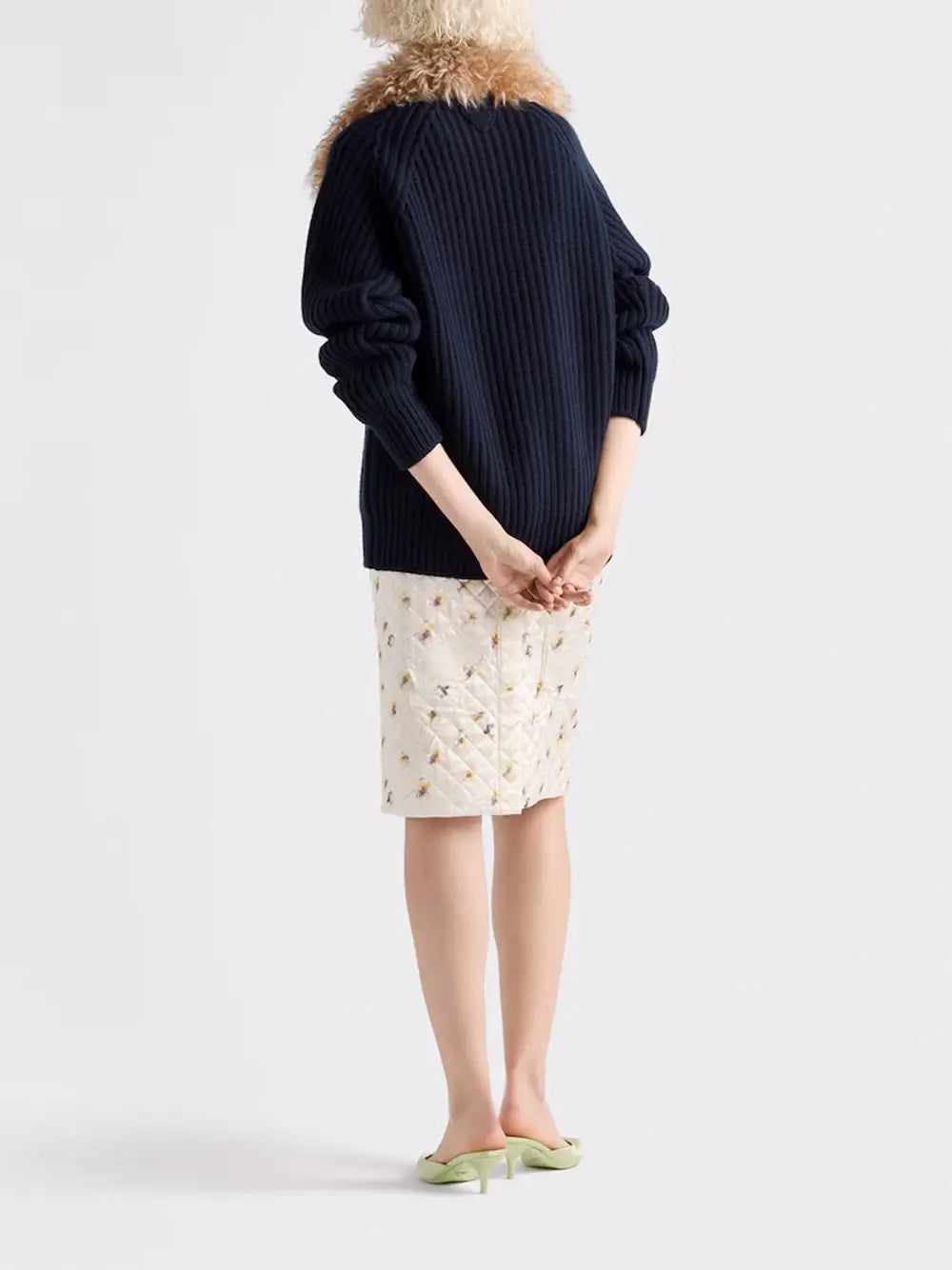 PradaLadies Round Neck Sweater with logo safety pin Cashmere Navy