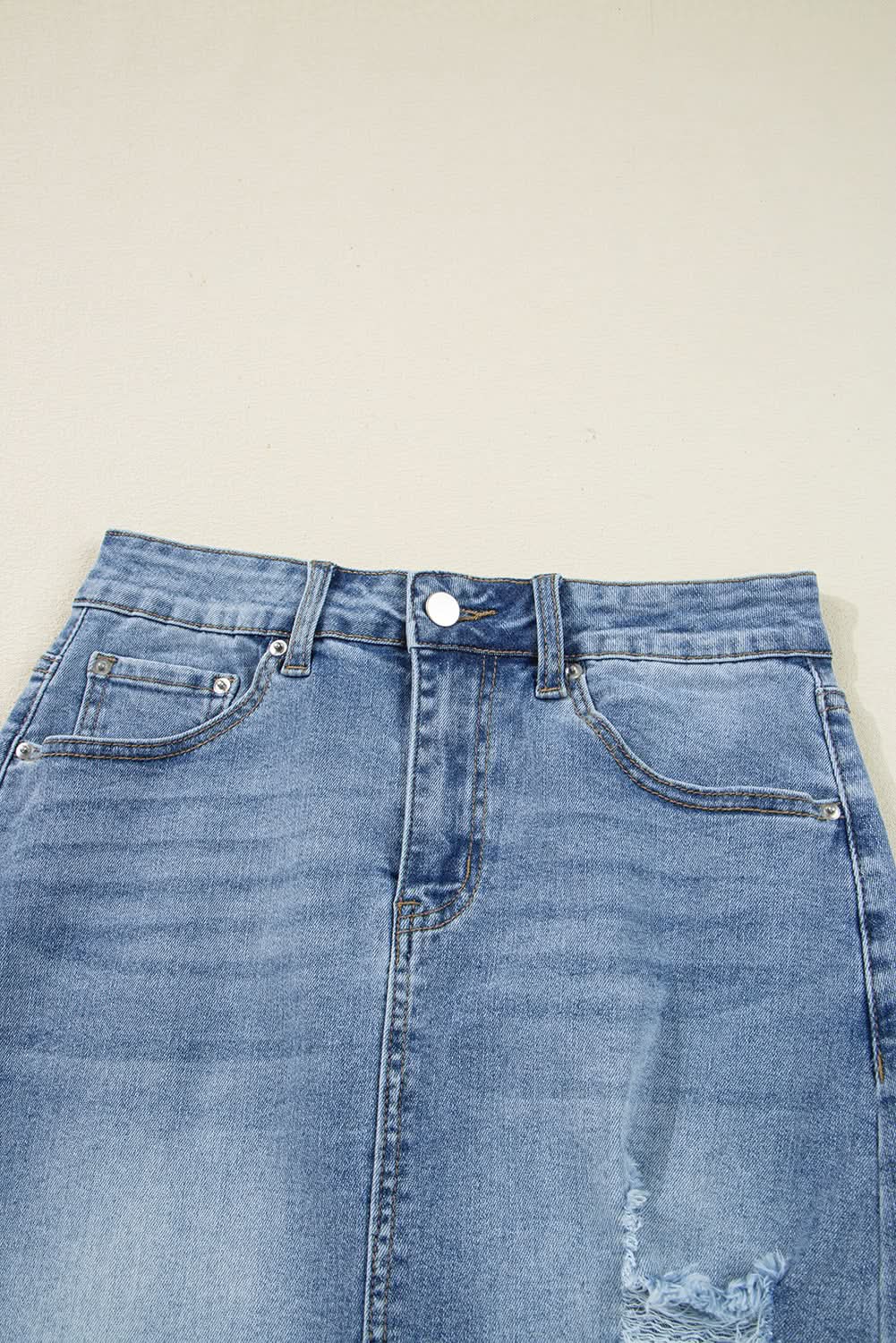 Myosotis Distressed Raw Hem Denim Midi Skirt Irregular Look Boutique