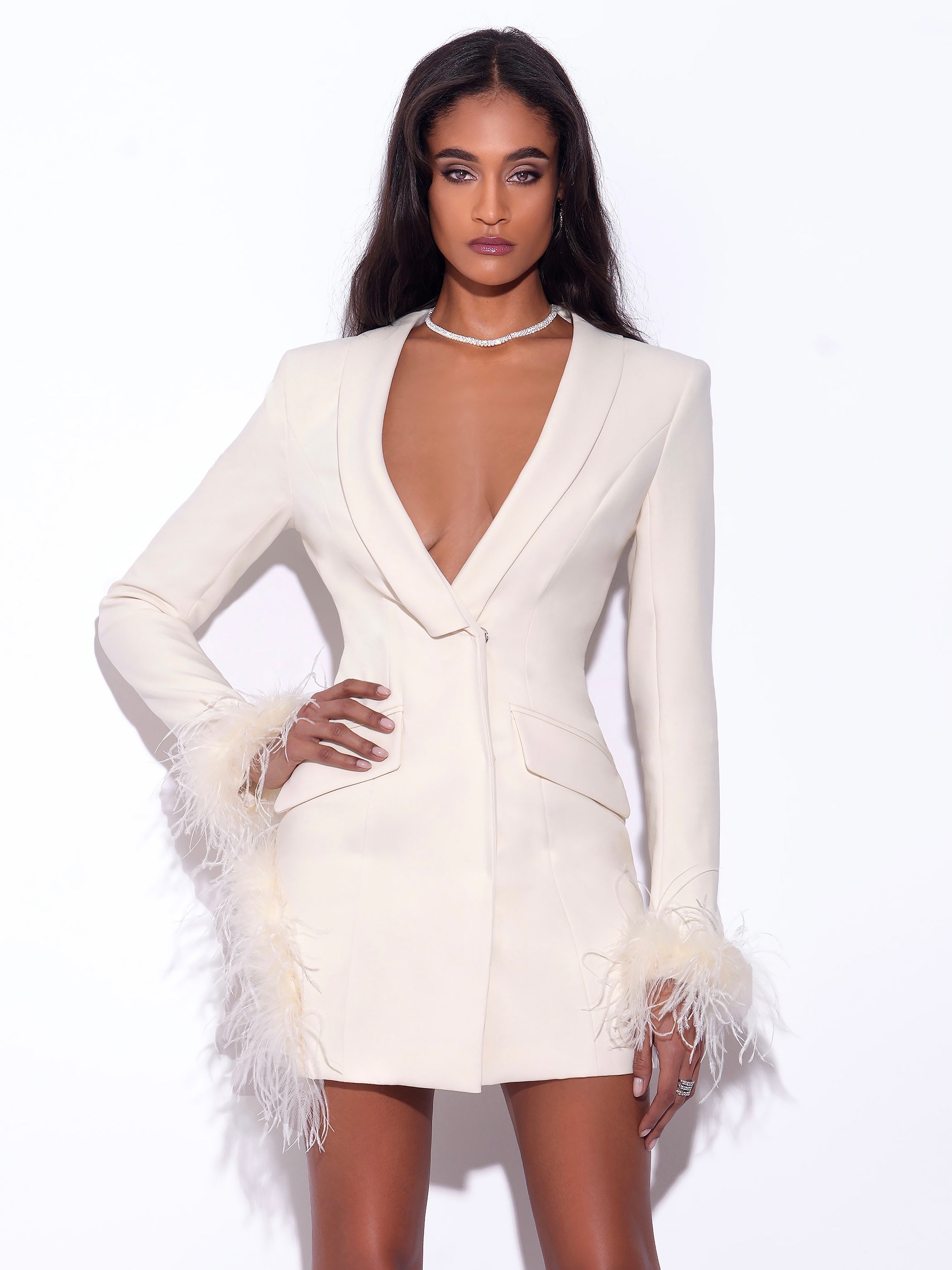 Madeline Pearl White Feather Trim Blazer Dress wedding